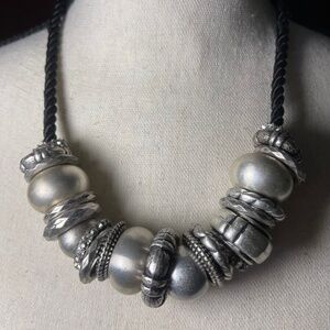 Chico's Black Cord with Large Silver Rhinestone Bead Necklace